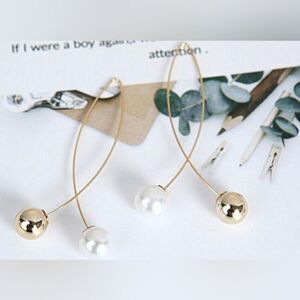 Stylish Pearl Cross Wire Fish Shape Golden Long Fashion Jewelry Earrings NWT